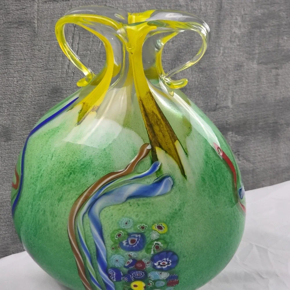 Murano Style Art Glass Vase Millefiori Yellow Green Double Handle Vase 11